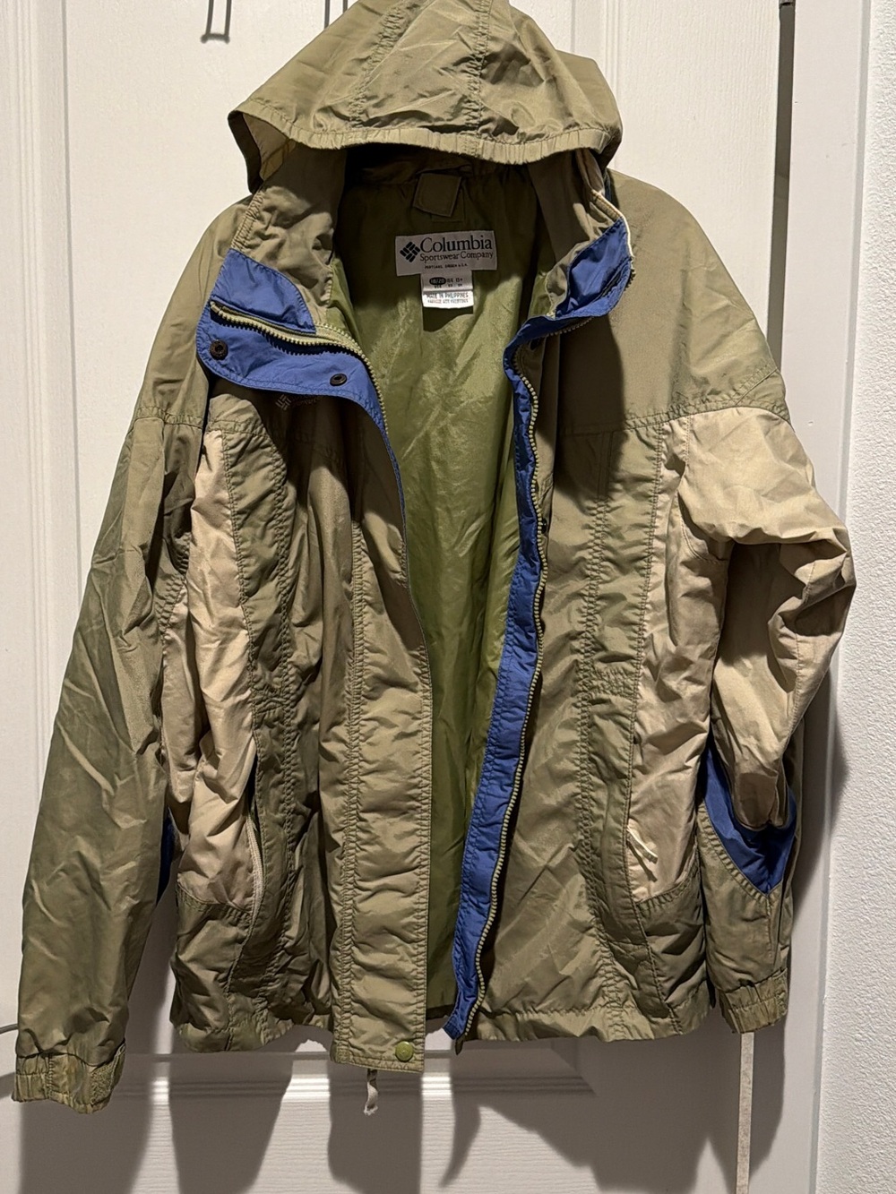 Columbia Men's Hooded Rain Jacket in Olive Green with Blue Trim